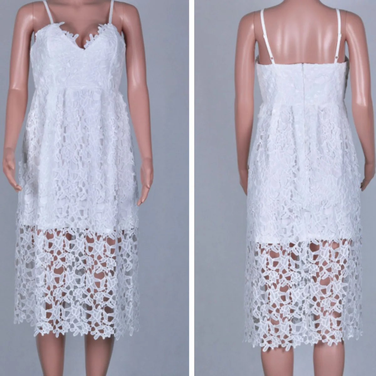 

BacklakeGirls Women Elegant V Neck Sleeveless Lace Patchwork White Party Dress Hollow Out Sexy Office Ladies Work Dress Vestidos
