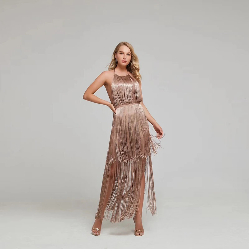 Бандажное платье макси цвета шампанского на тонких бретелях вечерние открытой