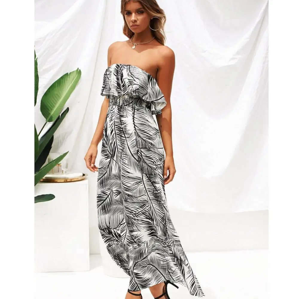 

Explosive European and American women's sexy fashion wrapped chest ladies long leaf dress printed long skirt