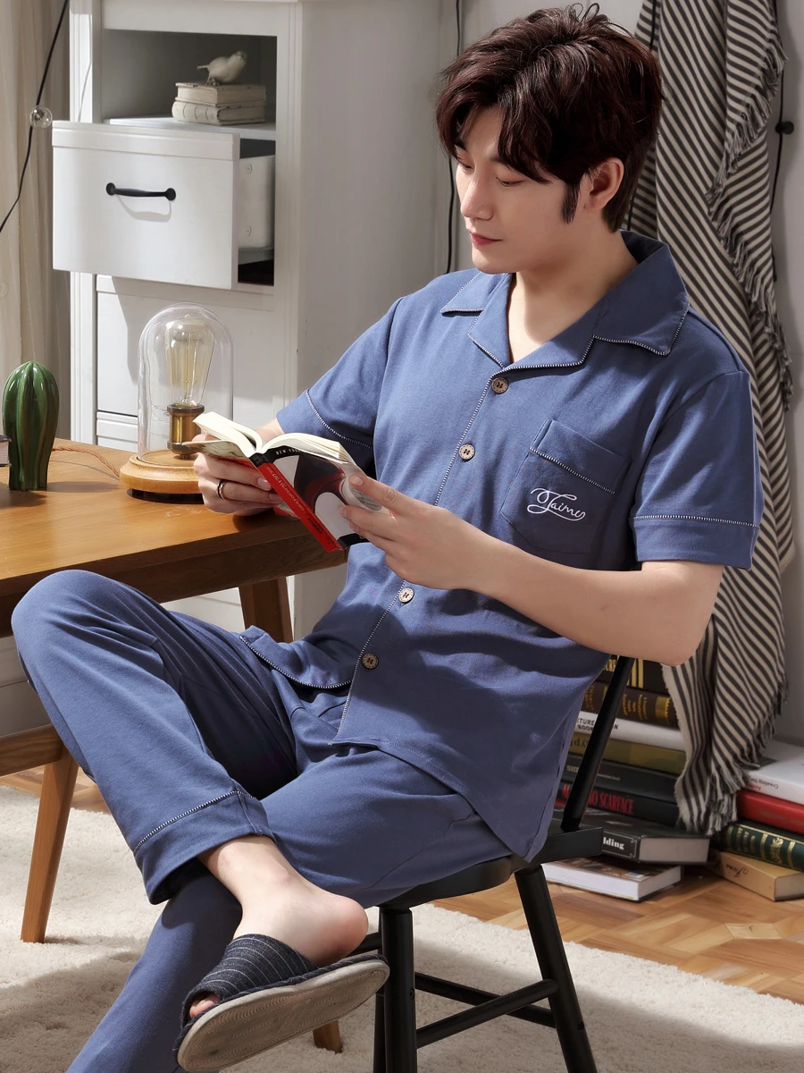 Summer Thin Sleepwear Casual Loose Pajamas Long Cotton Comfy Set Plus Size Fashion Sleepwear Szata Zestawy Men's Sleep DB60SY