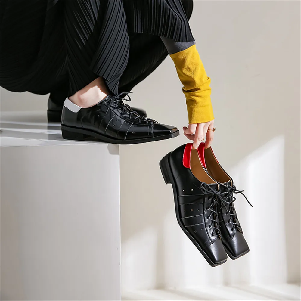 

Drestrive Full Genuine Leather Low Heels 2.5 cm Women Pumps Square Toe Lace Up Cow Leather Neutral Female Casual Shoes Spring