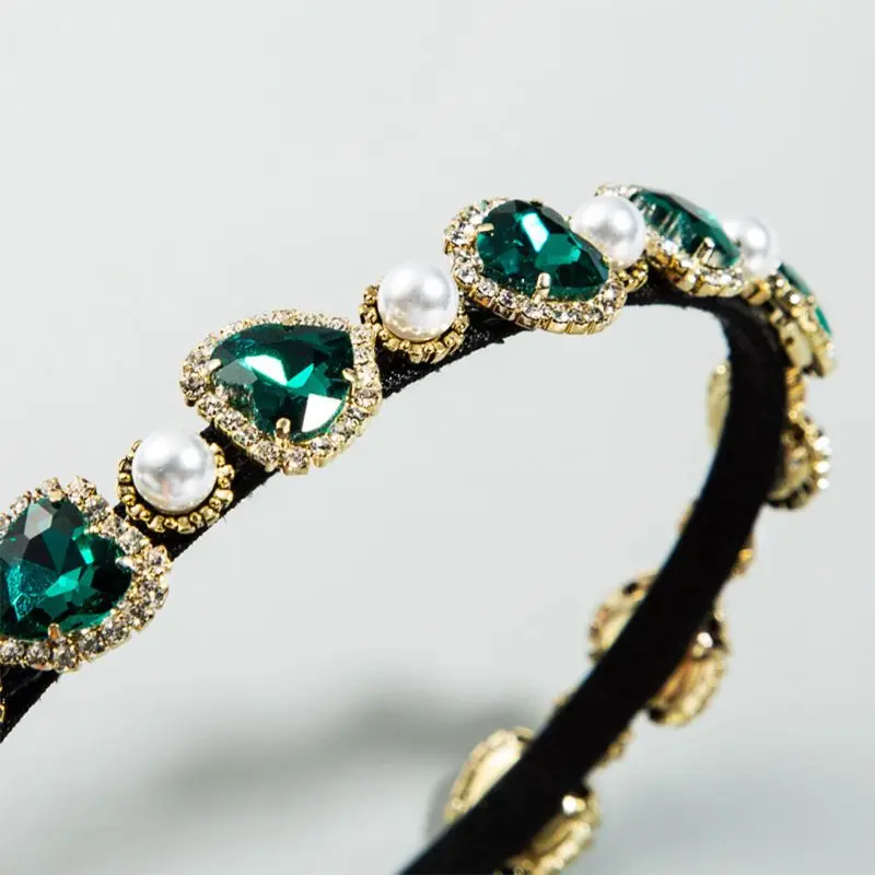 

Vintage Baroque Jewelry Hair Hoop Female Heart Glass Drill Fine Headband Glitter Rhinestone Pearl Wedding Prom Bandana