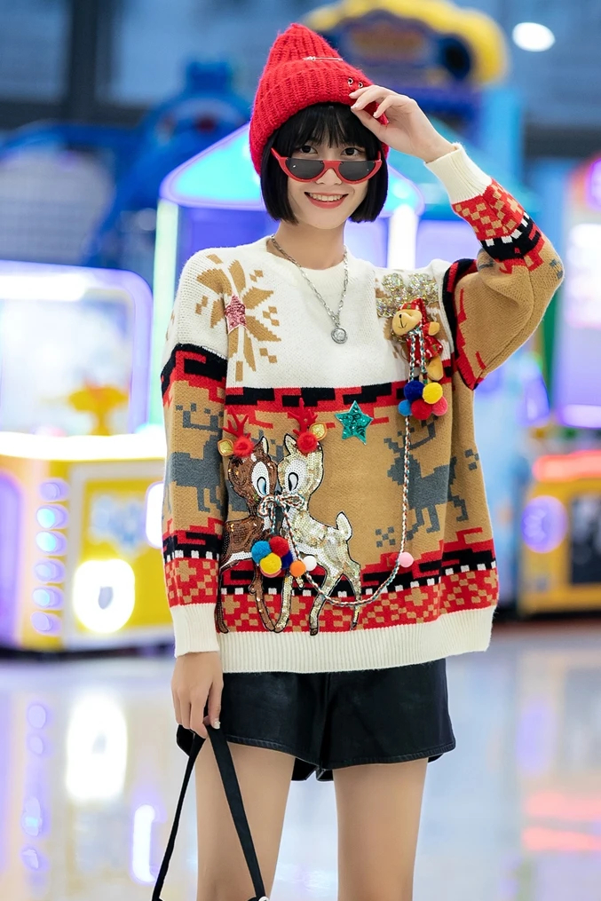 

Ladies knitted sweater 2020 Christmas new loose retro heavy knit sweater color matching printing outer wear sweater women trend