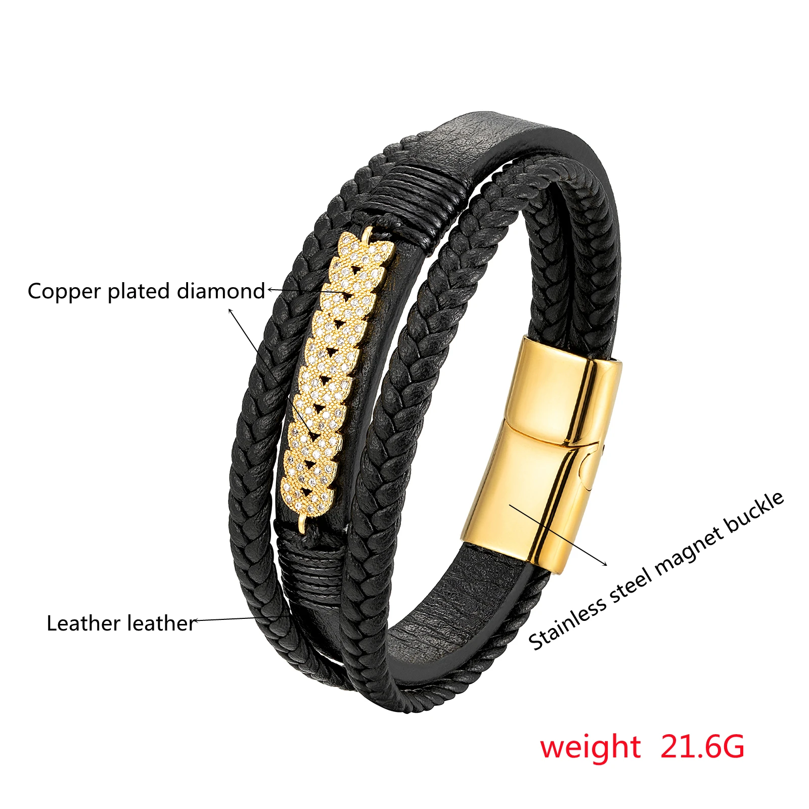 2021 New Fashion Design Micro Diamond 3-layer Leather Cord Neutral Bracelet Stainless Steel Charm Hand Row | Украшения и