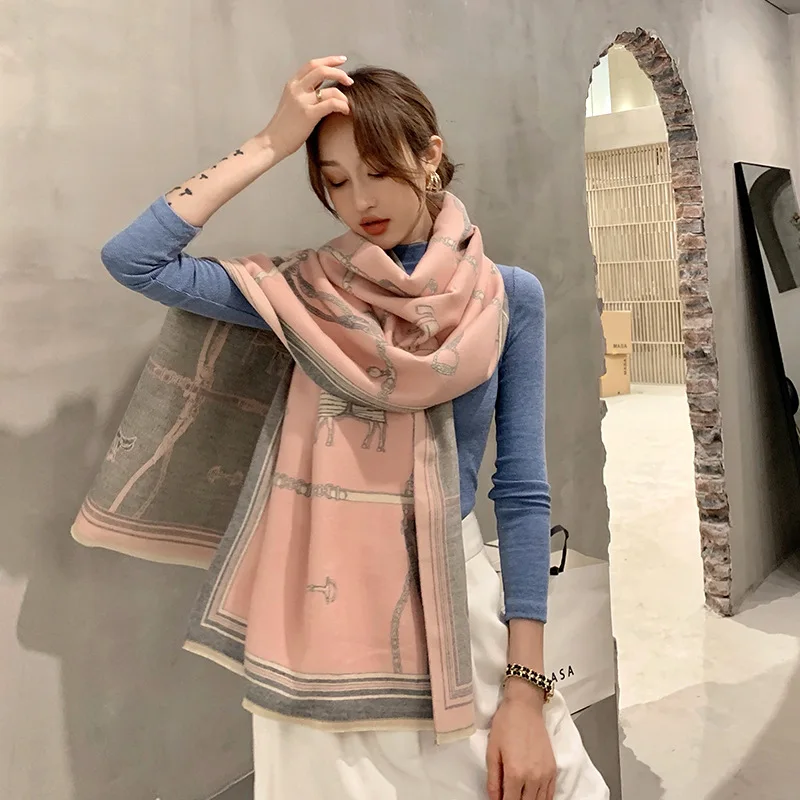 Роскошный брендовый шарф с цепь перевозки лошади для женщин зимние теплые из