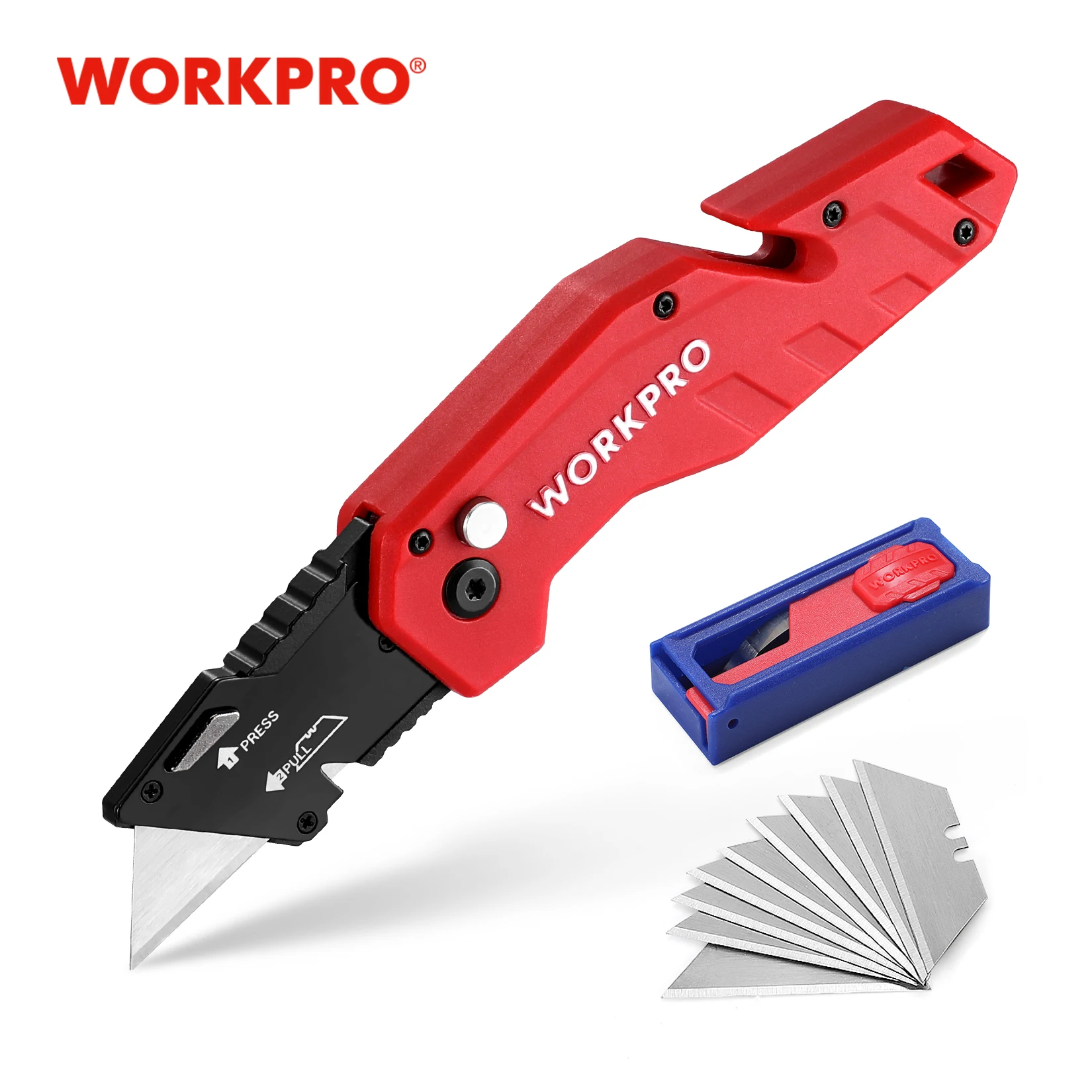 

WORKPRO Folding Utility Knife With 10pcs Blades Quick Change Blade Wire Stripper Built in Handle Multifunctional Pocket Knife