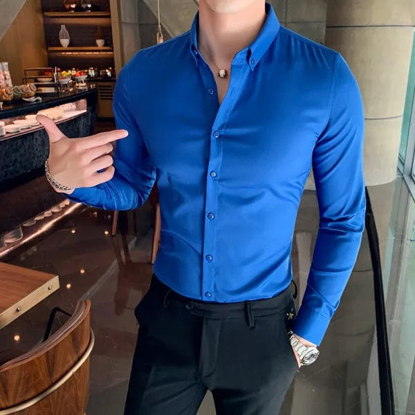 Bright Blue Британский стиль, однотонная мужская рубашка, высокое качество, длинный рукав, мужские рубашки, люкс стиль, приталенная, повседневная, рабочая рубашка, мужская одежда - Цвет: Bright Blue