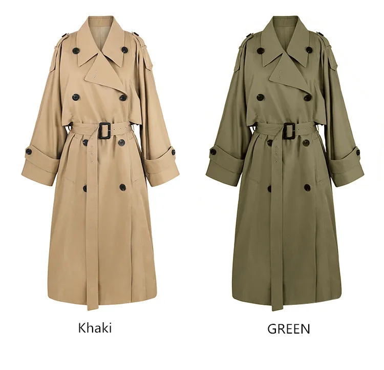 Тренч цвета хаки Повседневная Женская Длинная Верхняя одежда свободная для леди