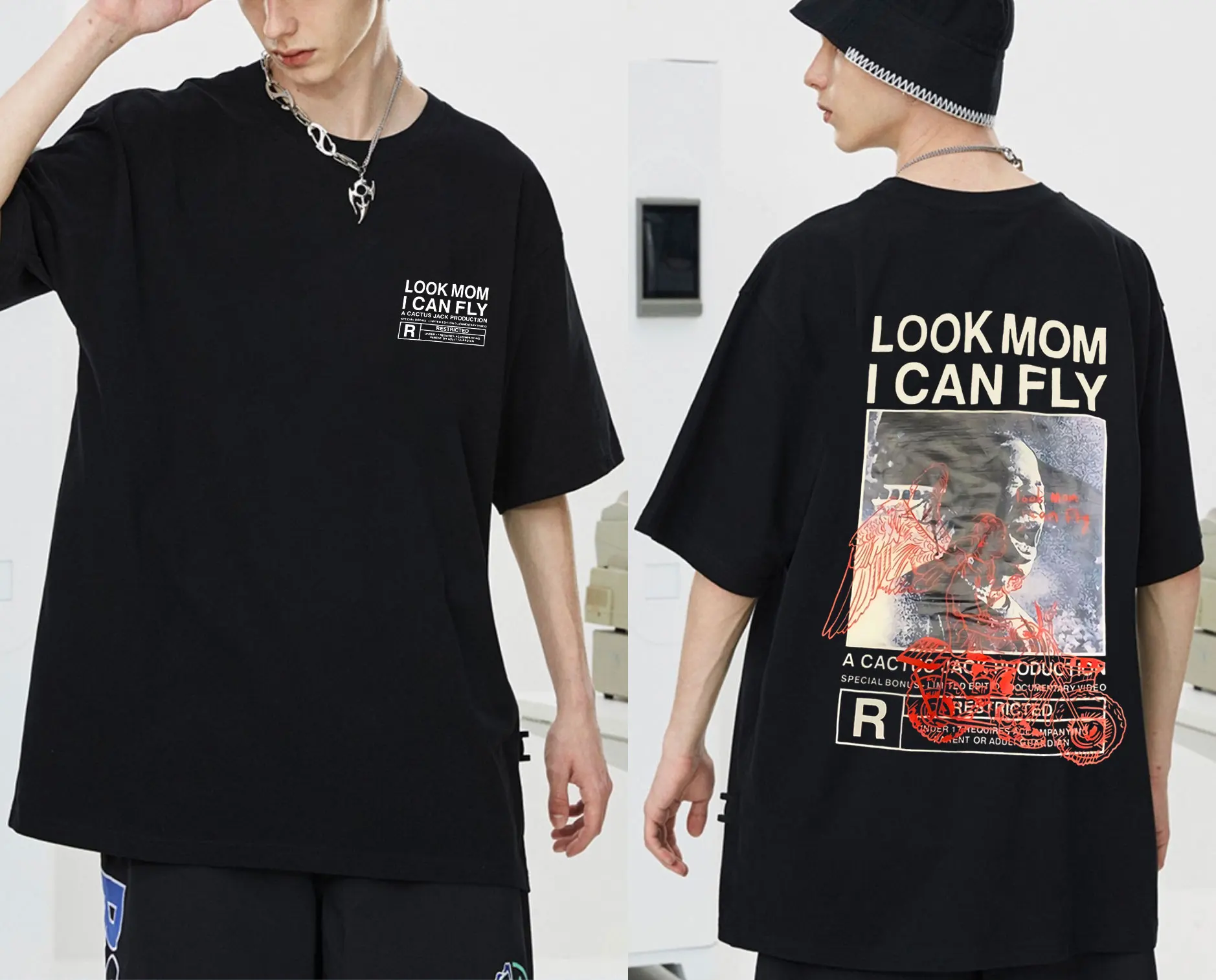 

New Design Cactus Jack Print Tshirt LOOK MOM I CAN FLY Travis Scott Tee Shirt Men Women Hip Hop Trend T Shirt Summer Man T-shirt