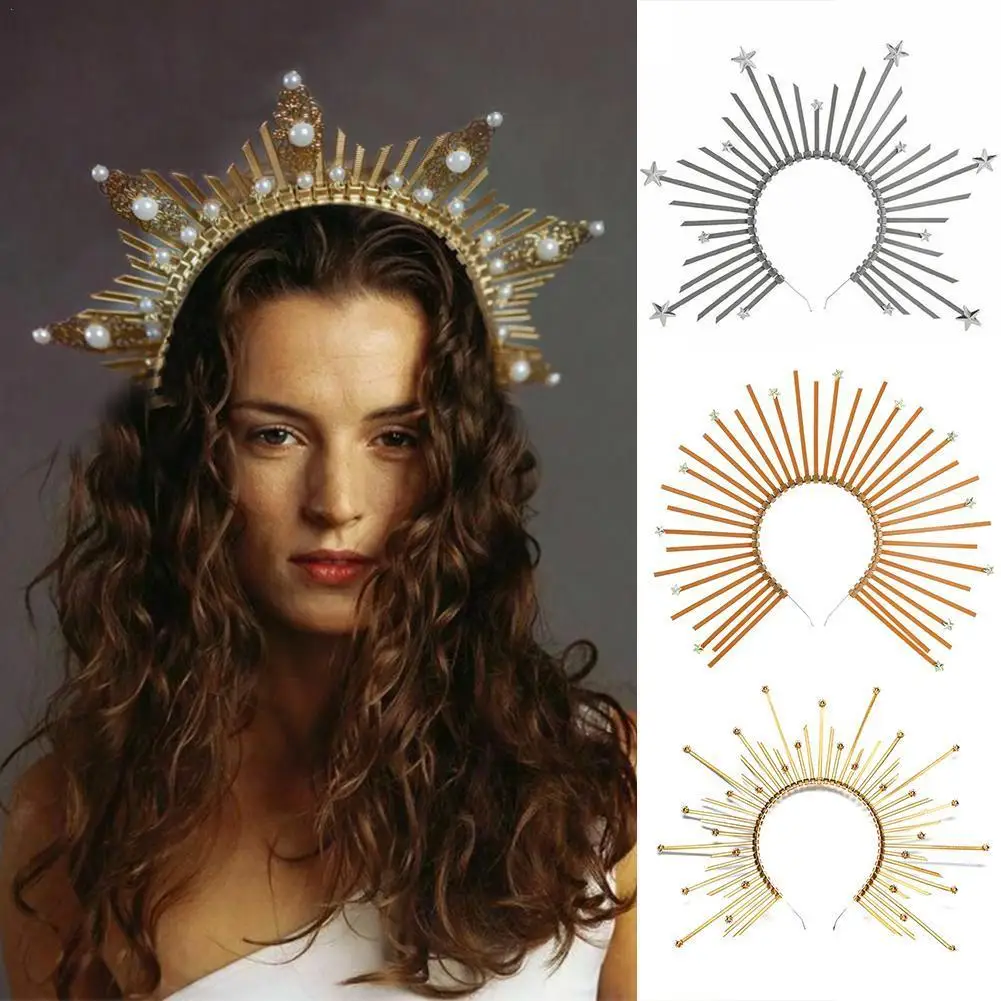 Crown Headband Golden Halo Hair Accessories, Mary Halo Goddess Crown Wedding Party Headwear, Halloween Costume Star Headpiece