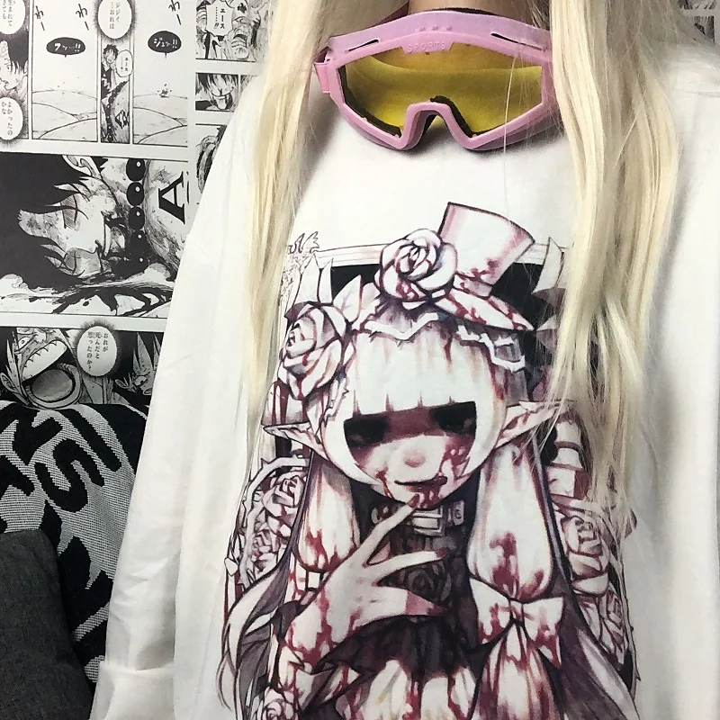 

Футболка женская Винтажная с длинным рукавом, уличная одежда в стиле японского аниме и мультфильма Харадзюку, в стиле панк/готика, Y2K