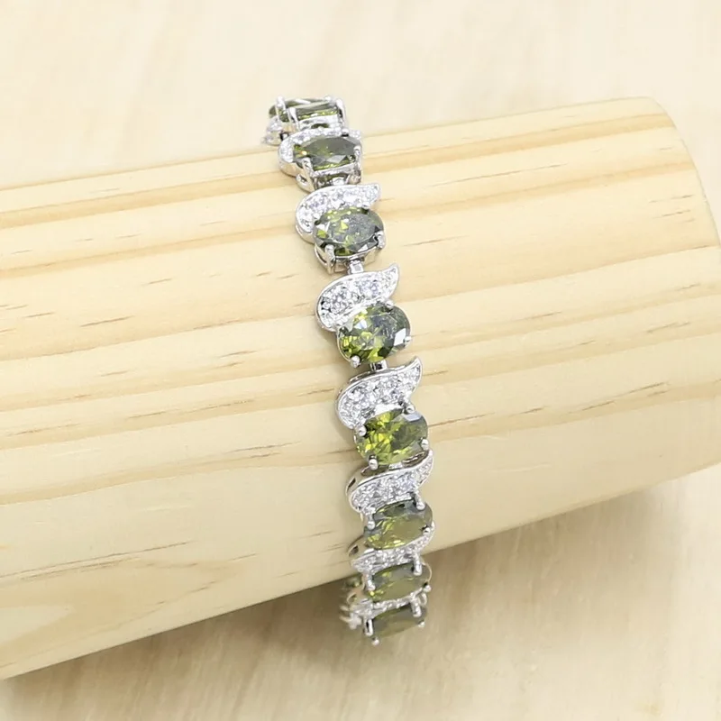 Оливковый зеленый цирконий серебряный набор украшений для женщин свадебный