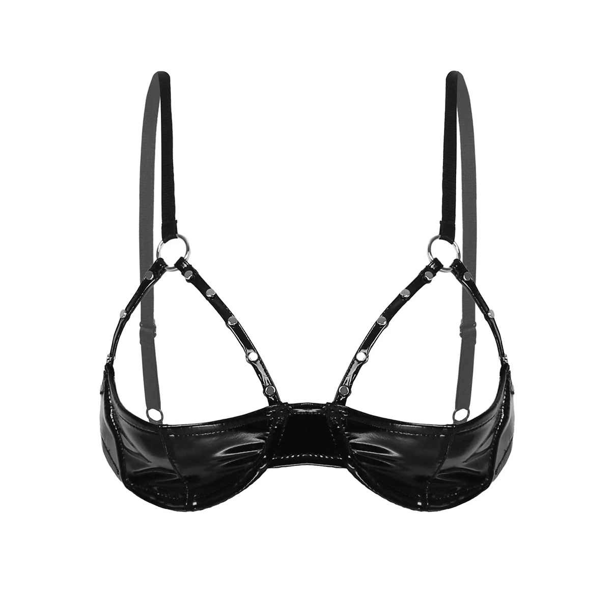 

Женский сексуальный порно бюстгальтер с открытой чашкой, топы, блестящий кожаный бюстгальтер с заклепками на бретелях, на косточках, экзоти...