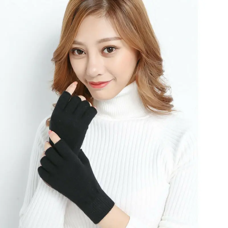 Новые модные женские мягкие перчатки с полупальцами зимние теплые вязаные