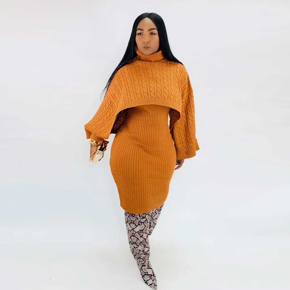 Autumn Winter Knitted Sweater Two Piece Set Turtleneck Long Sleeve Loose Crop Top+ Bandage Midi Tank Dress Plus Size Tracksuit