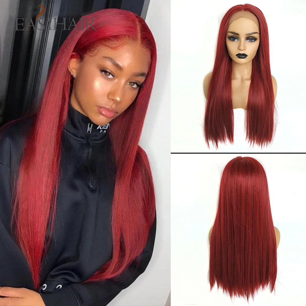 EASIHAIR длинные шелковистые прямые коричневые светлые кружевные передние парики с детскими волосами высокая плотность термостойкие синтетические парики для женщин - Цвет: hc11016-red