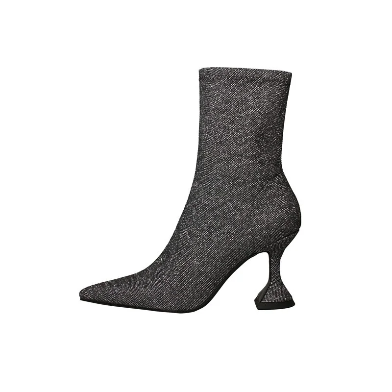 

Sexy Nightclub Dance Mid-calf Boots Women Spring Autumn Sequins Bling Pointed Toe Zipper Strange High Heels Booties White Shoes