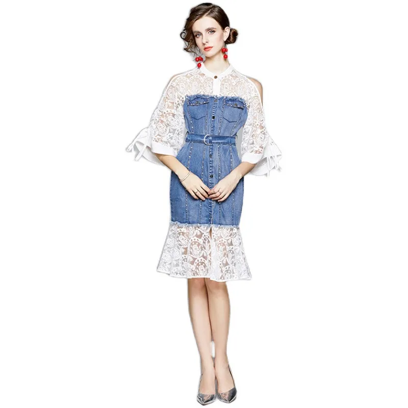

High Quality Spring Lace Patchwork Off Shoulder Denim Dress Women Clothes Elegant Trumpet Sexy Casual Robe Femme Party Vestidos