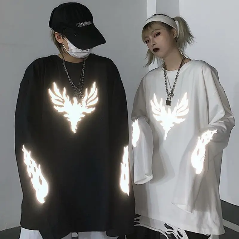 

Корейская Ретро Уличная Хип-хоп Светоотражающая парная футболка с длинным рукавом в стиле Харадзюку для мужчин и женщин.