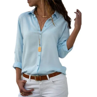

2021 summer new style fashion temperament ladies shirt long-sleeved deep V lapel button shirt female