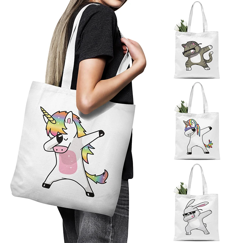 

Unicorn Series Canvas Bag Cute Cartoon Girl Handbag Large Capacity Shopping Bag Foldable Eco Tote Bag Travel Grocery Storage Bag