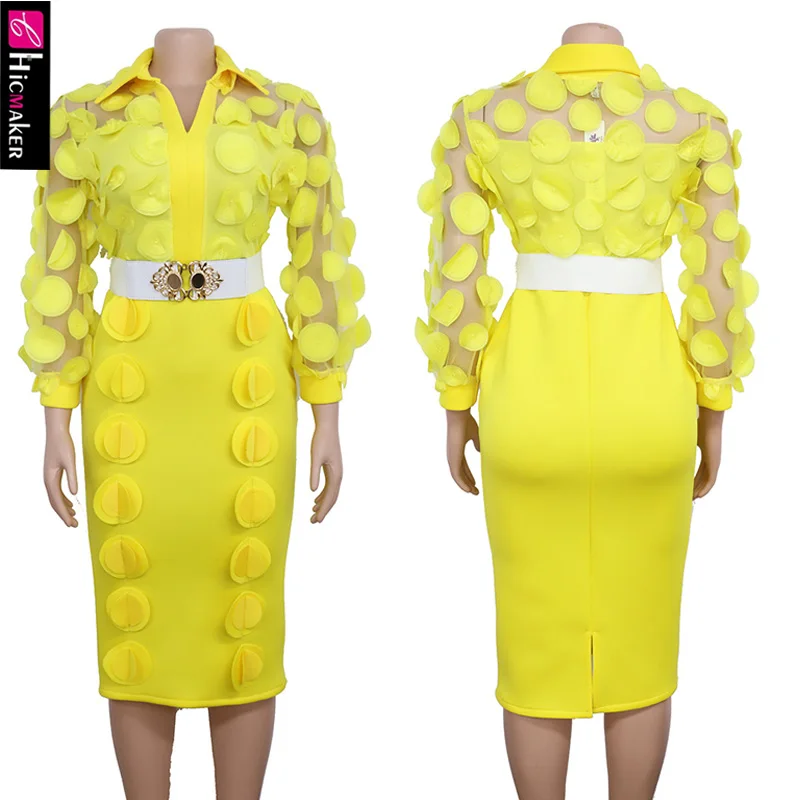 Women Plus Size Turn Down Collar Bodycon Dress See Through Long Sleeve Chic Elegant Office Lady Party Vestido | Женская одежда