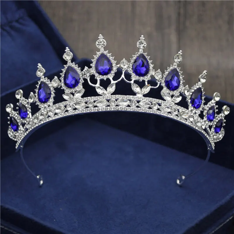 Silver Blue Новая Винтажная тиара в стиле барокко, корона для королевы невесты, розовые хрустальные короны, свадебные модные украшения для волос, свадебные аксессуары - Окраска металла: Silver Blue