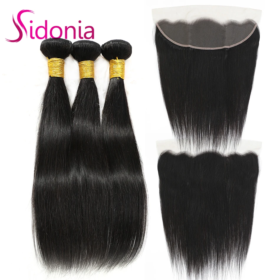 

Прямые волосы Sidonia, пряди волос с фронтальной перуанской 100% человеческой шерстью, 3 пряди с фронтальной сеткой 13x4, волосы без повреждений