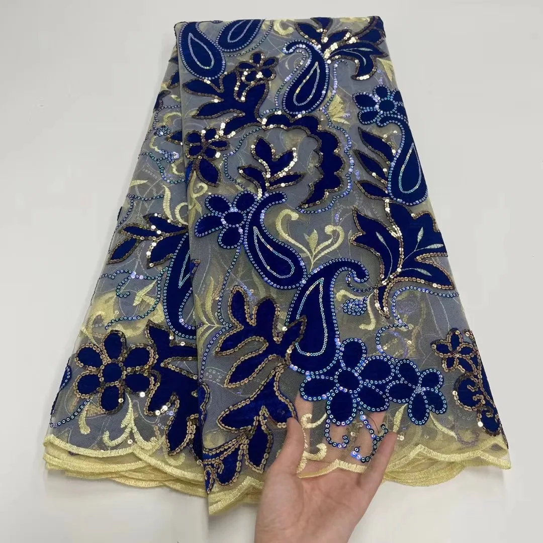 

Royal Blue French Net Lace Fabric With Sequins Velvet Fabric 2021 High Quality Velvet Lace African Lace Fabric For Wedding Party