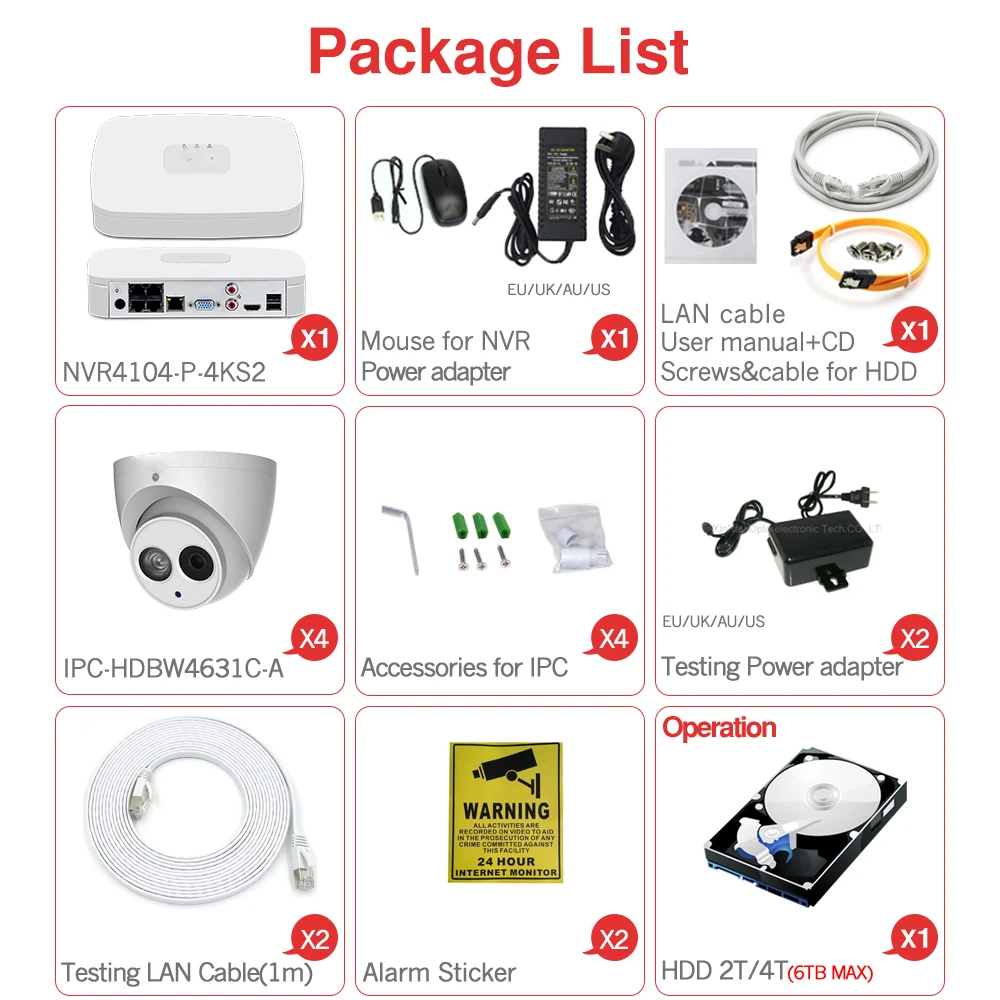 

Dahua CCTV Kits 6MP IP Camera IPC-HDW4631C-A Buit-in Mic With Nvr NVR4104-P-4KS2 Network 4K CCTV Kits EU Stock