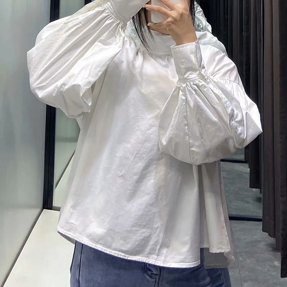 

Japan Style Blouse Spring Autumn Korean Fashion Temperament Loose Casual Simple Solid Color Round Neck Puff Sleeve 2021