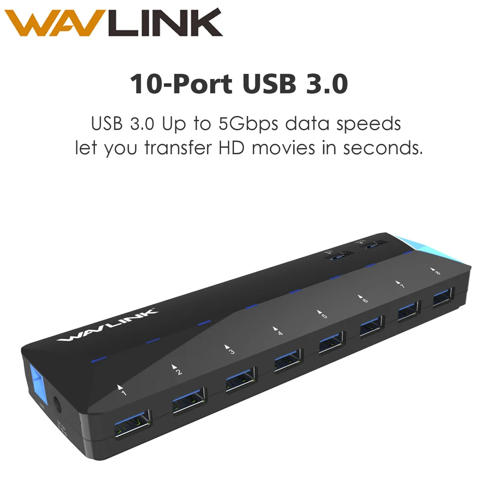 10 Порты USB 3,0 концентратор Super Скорость, украшенное мозаикой из драгоценных камней, 12V 5A Мощность адаптер машинка для стрижки 48 Вт 2 Порты и разъёмы быстрой зарядки Настольный Многофункциональный HUB портативных ПК Wavlink