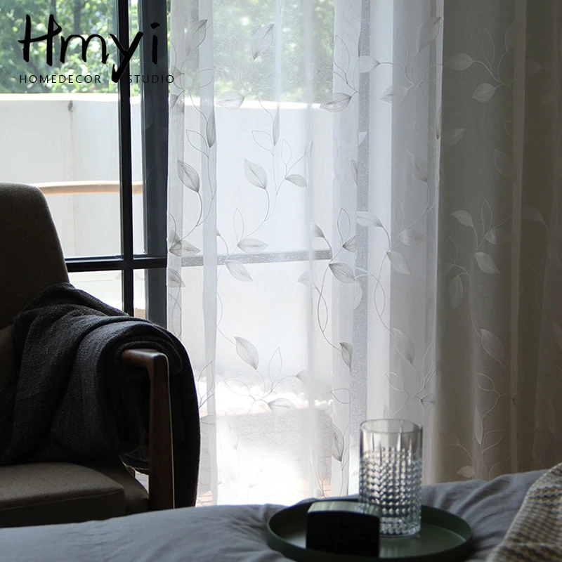 

Modern Embroidered Tulle Curtains For Living Room Leaves White Sheer Curtains For Bedroom Kitchen Window Curtains Fabric Voile