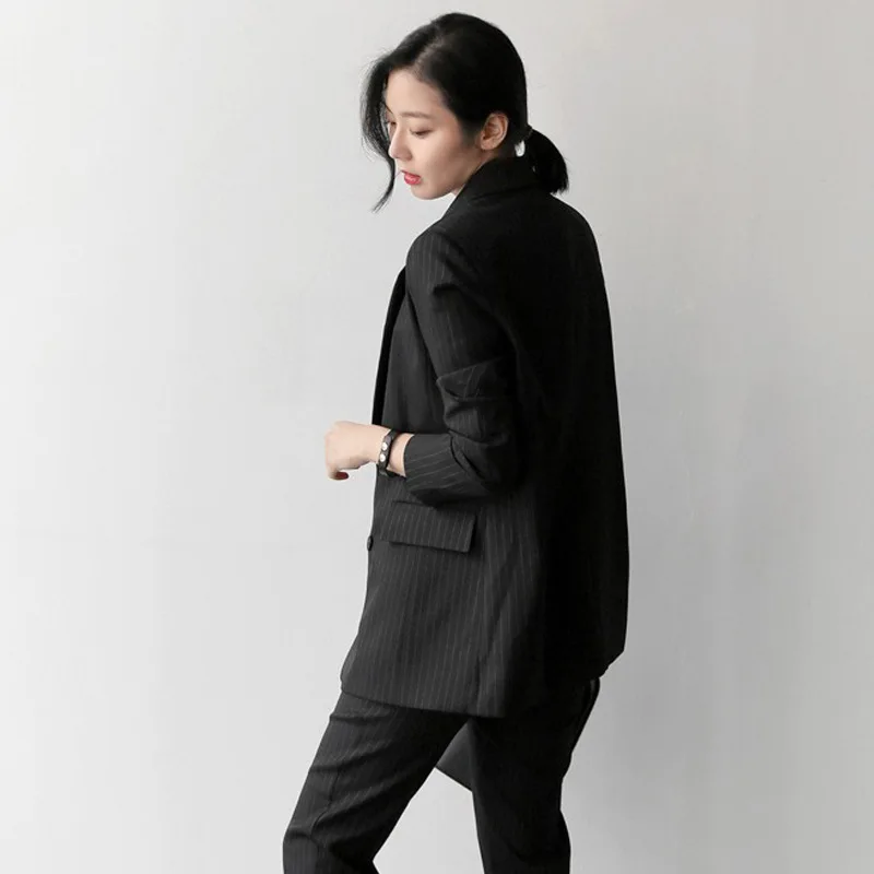 

2 Piece Set Women Pant Suits Formal Double Breasted Stripe Jacket Long Trouser Suit Office Wear Female Solid White Blazer Set