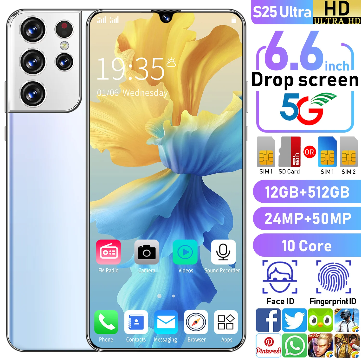 

2021New Arrival Version S25 Ultra 6.6Inch SmartPhone 6000mAh 12+512GB Support Face Recognition 24+48MP 2SIM 5G Network Cellphone