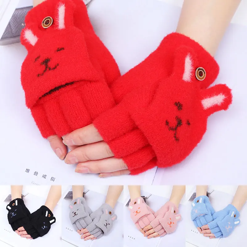 Зимние теплые мягкие вязаные варежки из кроличьего меха женские флип полупальцы