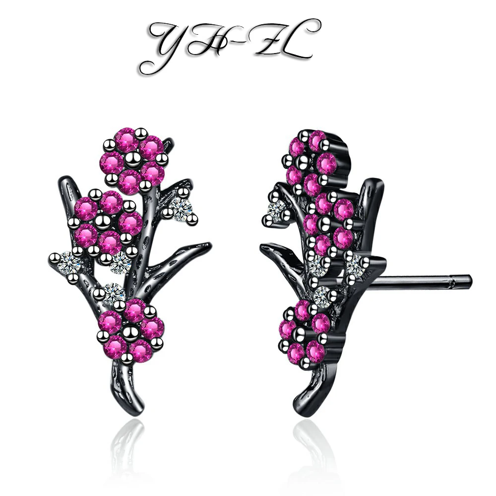 

YH-ZL Black Plated S925 Sterling Silver Flower Earrings Trendy Ear Studs Earrings for Women Girl Classic 925 Jewellry