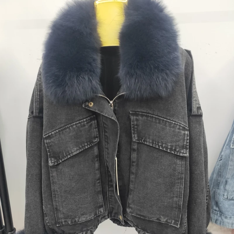 Winter loose thickening removable Rex rabbit hair liner cowboy parkas Natural Fox fur cuff collar female short coat Natural