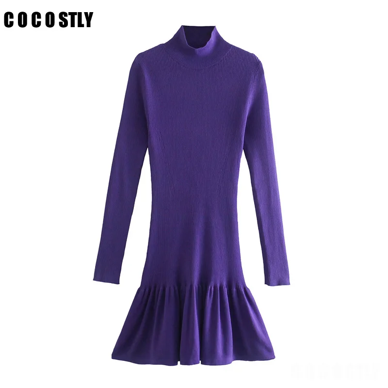 

Новинка 2022, женское платье, модное Облегающее вязаное мини-платье с оборками на подоле, винтажные женские платья с высоким воротником и длин...