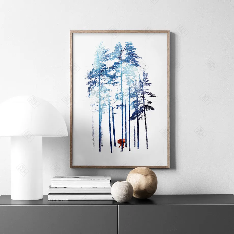 Холст для живописи плакат Wall Art Модульная картина синий деревья и Красный лис на