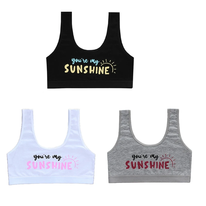 

P8DB Teen Girls Cotton Vest Training Bra You Are My Sunshine Letter Print Crop Top Underwear Summer Sport Wide Strap Bralette