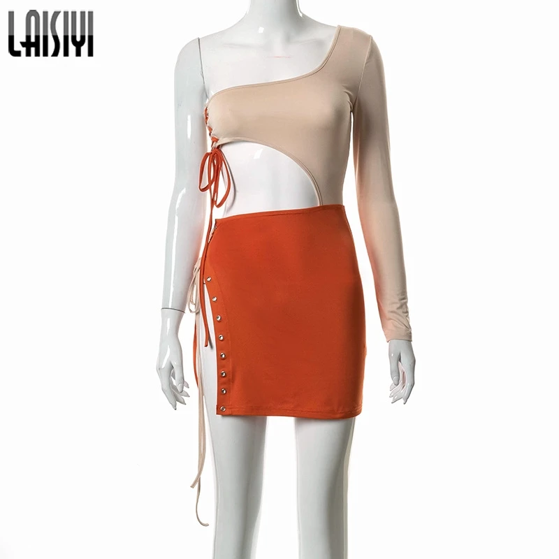 

LAISIYI Lace Up Patchwork One Shoulder Mini Dress Sexy Bodycon Club Birthday Outfit For Women Long Sleeve Hot Bandage Dresses