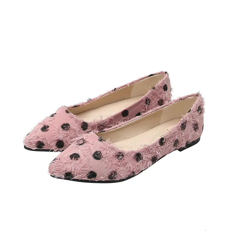Женские балетки в горошек розовые туфли на плоской подошве с острым носком