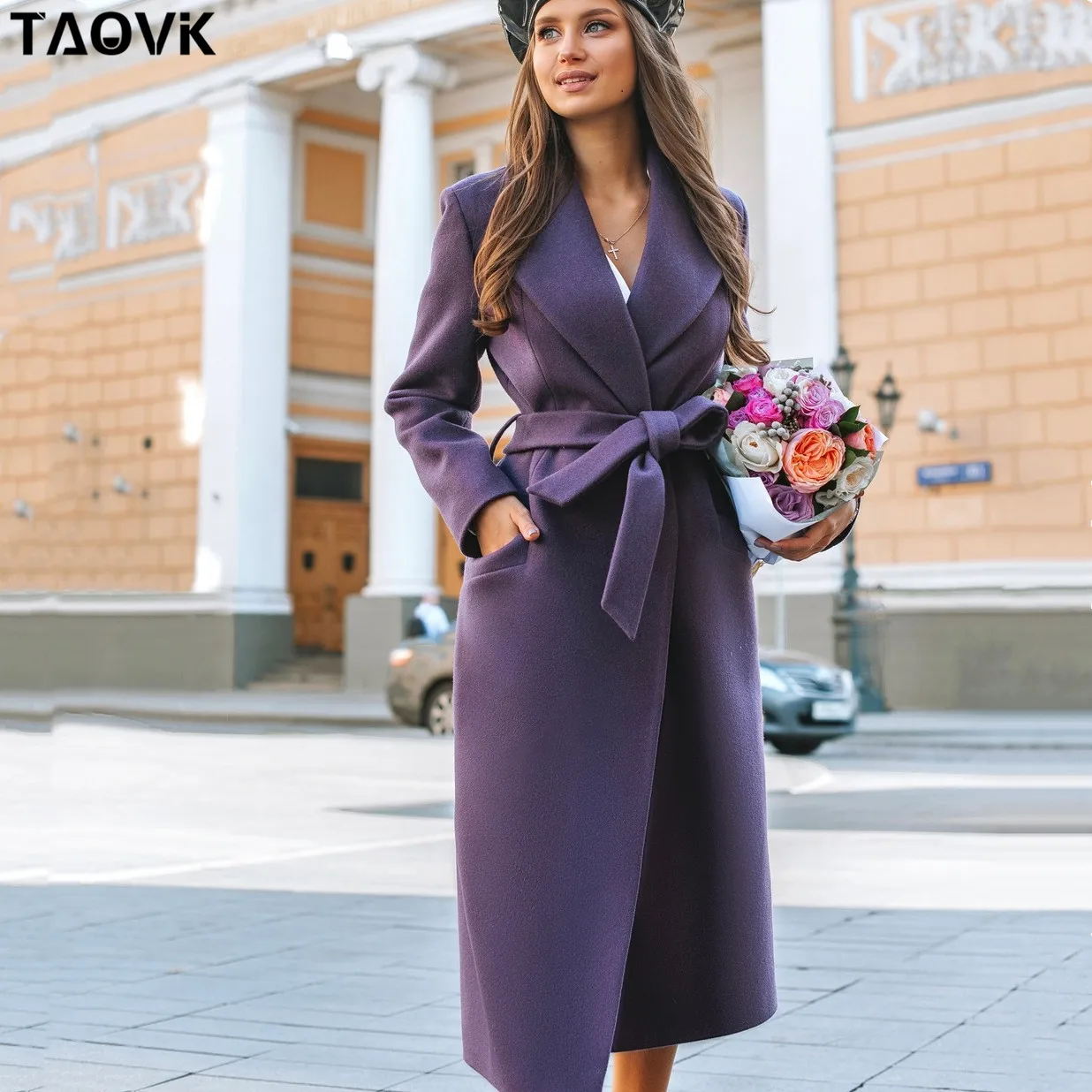 

TAOVK Women's Jackets & Coats Medium-long Belt Wool & Blends Coat Turn-down Collar Solid Color Pockets Parka Woolen Coat