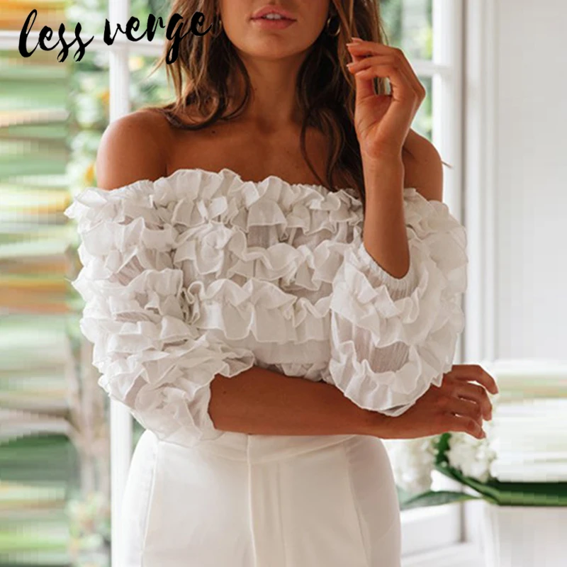 Lessverge с открытыми плечами рюшами Элегантная блузка Футболка для женщин короткий
