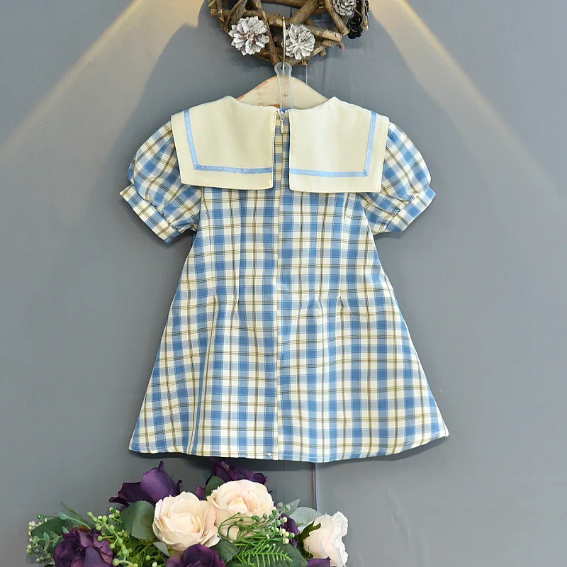 

New Summer Girl Dress Plaid Short-sleeved Princess Dress Kids Knee-Length Casual Bow Turn-down Collar Toddler Girl Dresses 2-6T