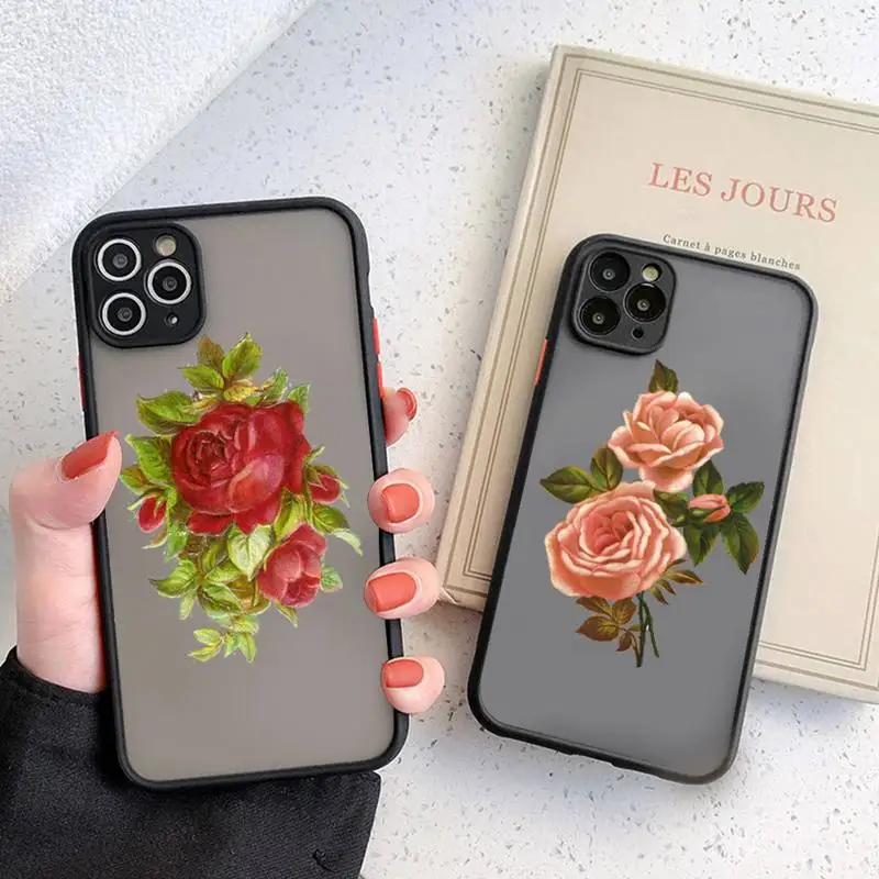 

Cute Red Rose Oil painting Phone Case Colorful Bumper Shockproof Trasparent For iPhone 12 11 Pro Max XR X XS 7 8 Plus Cover