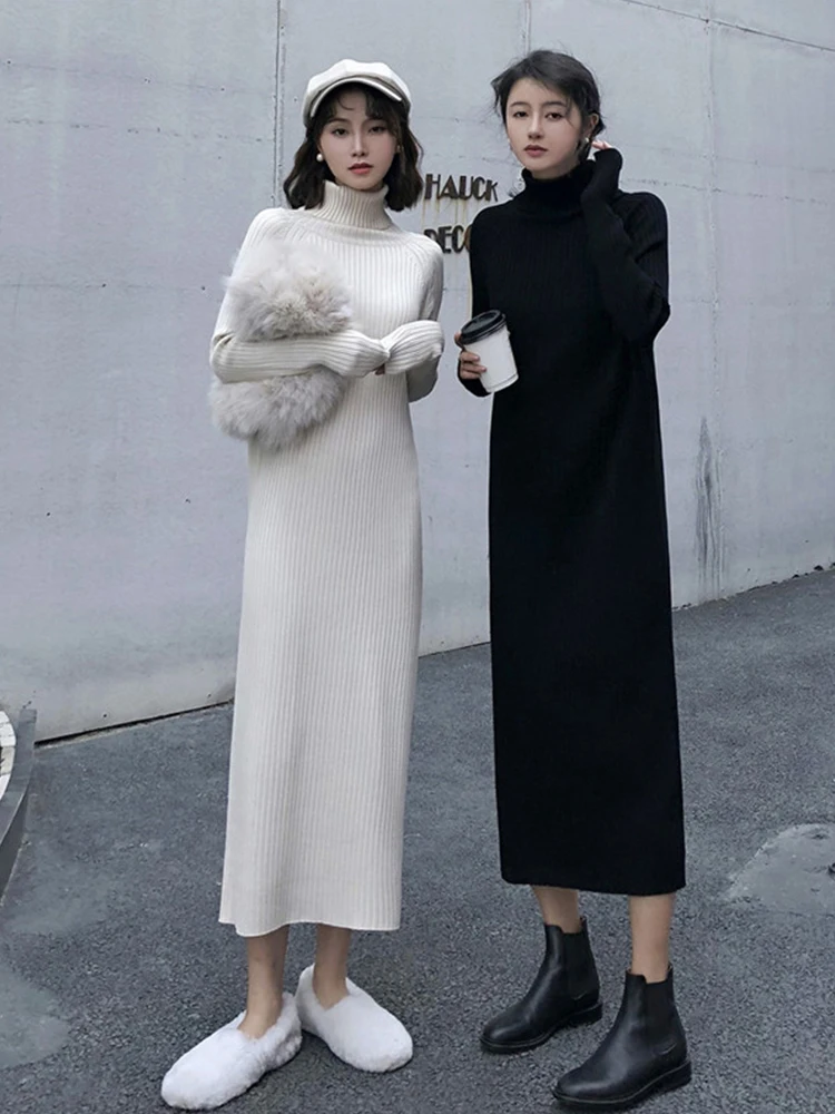 

Черное повседневное однотонное теплое плотное платье-свитер в Корейском стиле, женское платье-пуловер 2022, вязаные зимние платья-джемперы, новое платье-миди