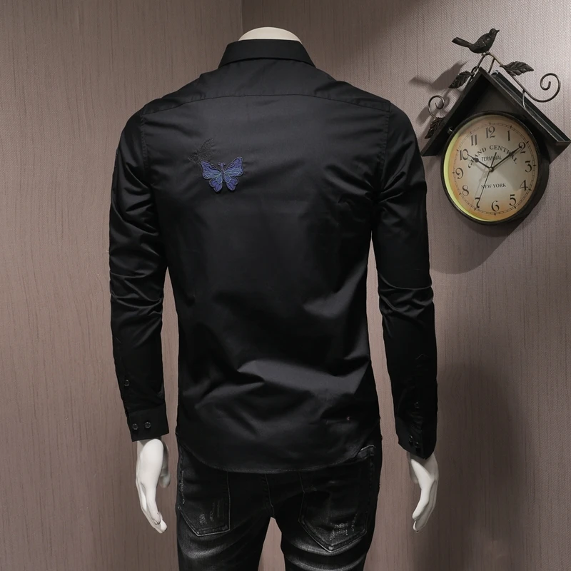High Quality Men Long Sleeve Shirts Embroidery Slim Square Collar Black Blouse Fashion Autumn Office Single Breasted Shirt