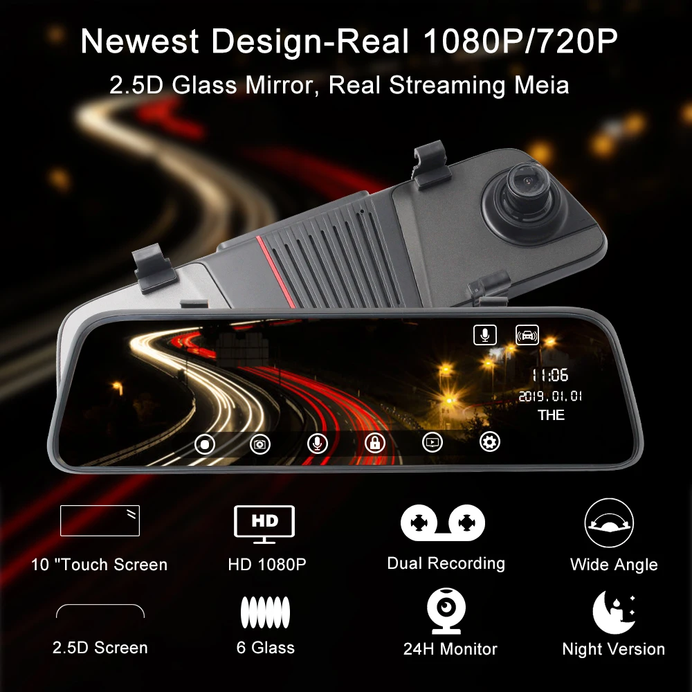 TOPSOURCE 10'' stream media Dash Camera 1080P Rear View Mirror Media Car DVR Recorder with Night Vision G Sensor Parking Monitor |